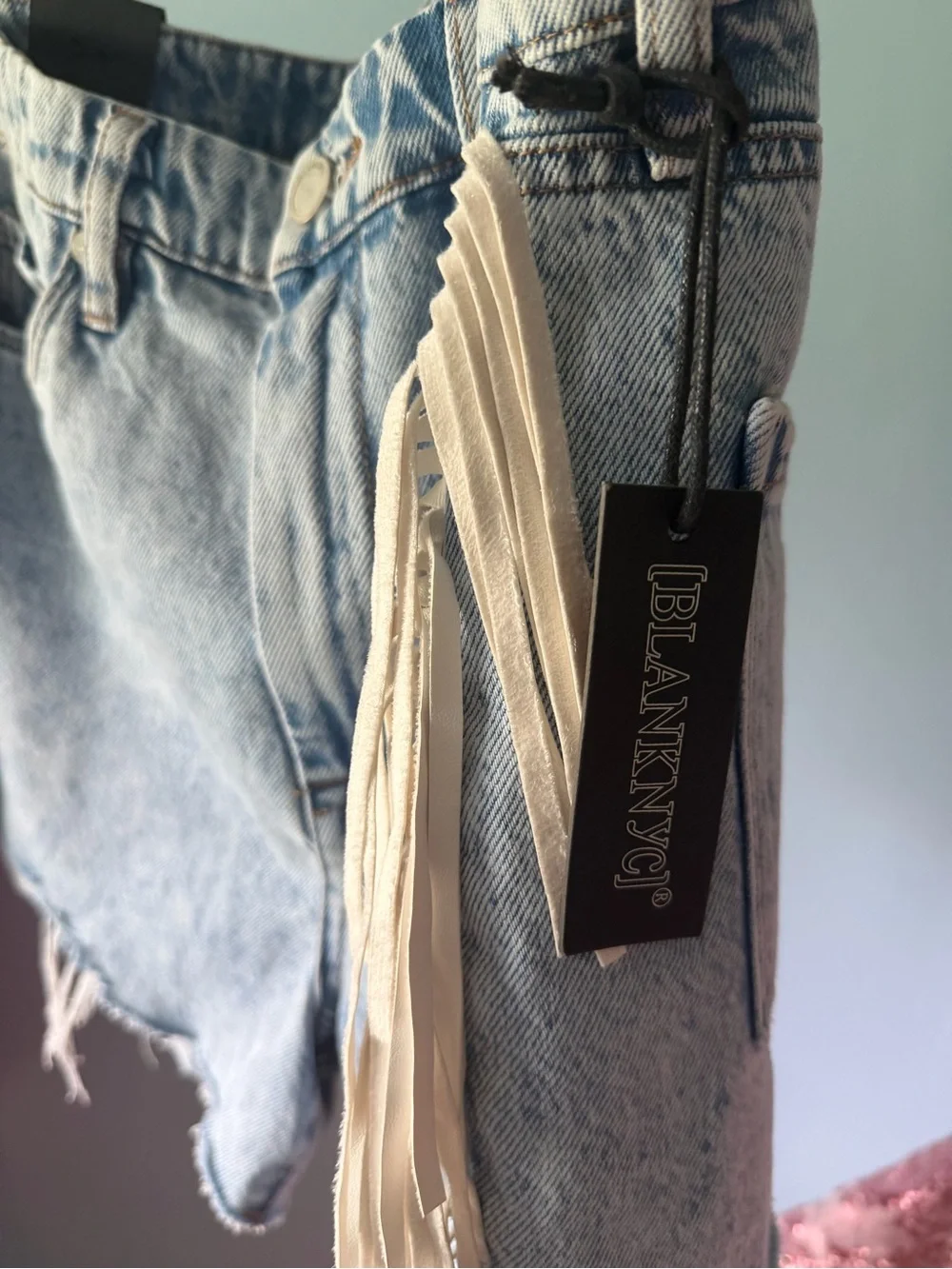 Blank NYC  the Barrow Light Wash Denim Shorts with White Fringe western festival